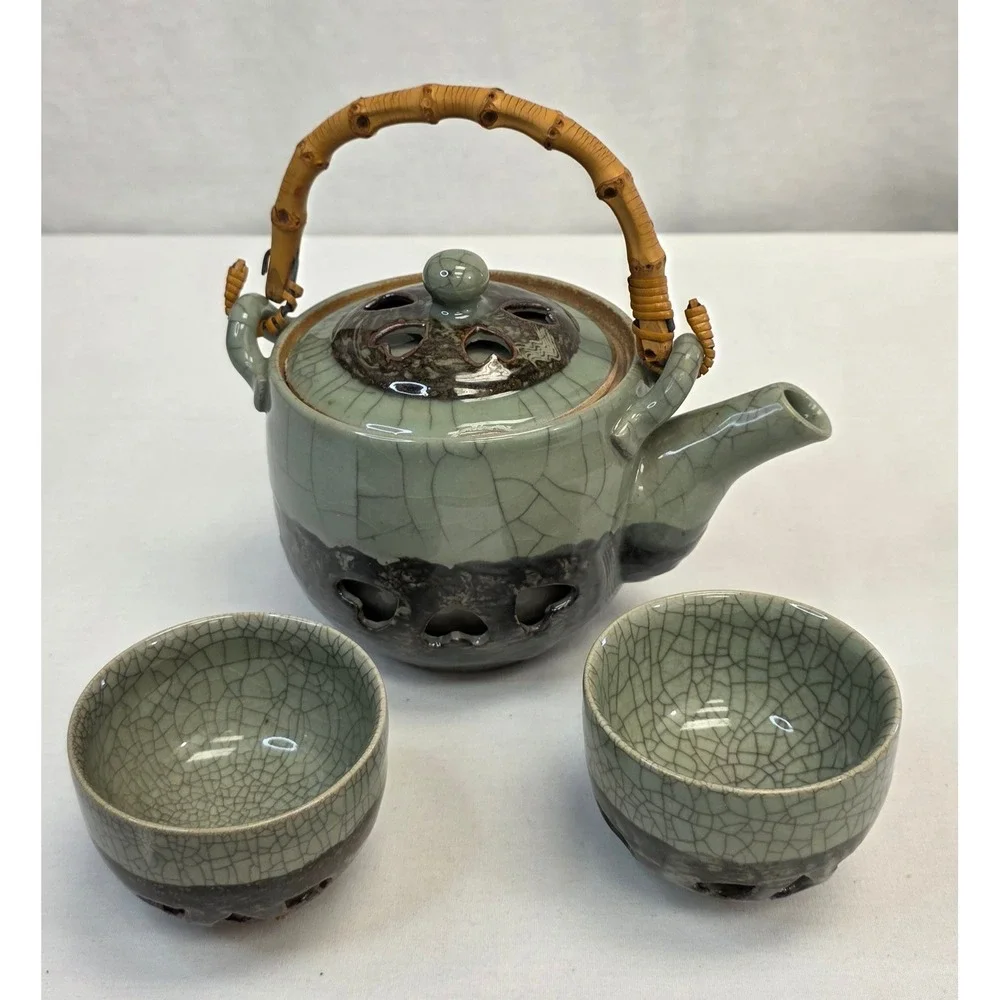 Japanese Crackle Glaze Celadon Tea Set Bamboo Handle Teapot and 2 Cups Heart Cut